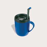 The Zyliss Hot Mug Cafetière Mug is a blue, double-wall insulated travel mug with a handle, dark lid, and visible built-in stirring mechanism—ideal for coffee lovers on the go and shown against a plain white background. #blue