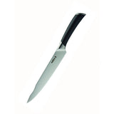 A sharp kitchen knife with a long stainless steel blade and a black ergonomic handle, set against a plain white background.