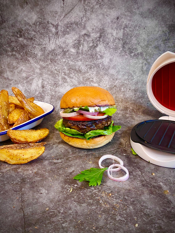 Lamb Kofta Burger, Tahini-Ziki-Mayo, Za’atar Wedges Zyliss UK