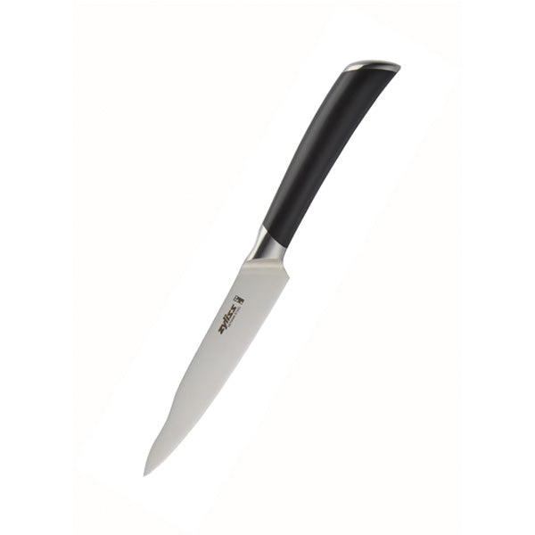 A chef’s knife with a silver blade and a black handle, shown against a plain white background.