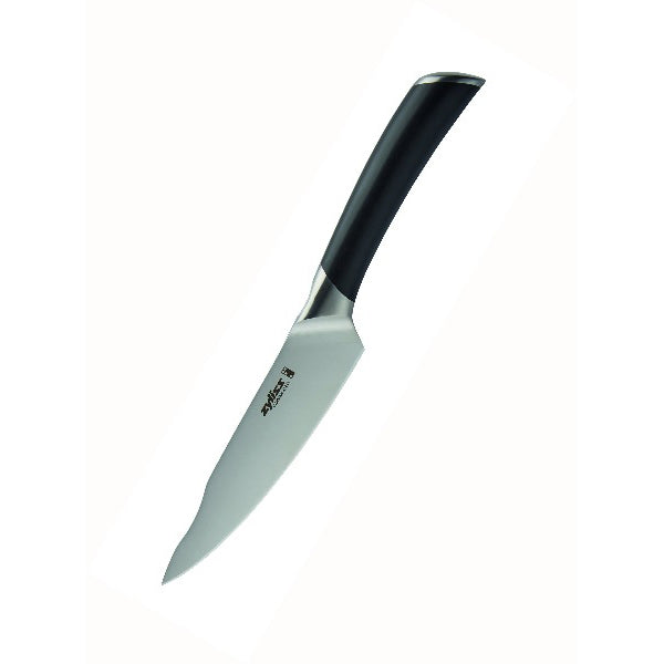 A stainless steel chef’s knife with a sharp blade and a black ergonomic handle, displayed on a white background.