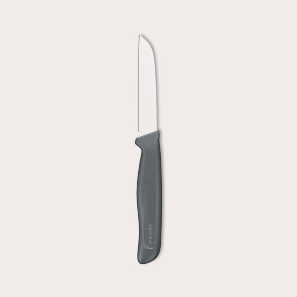 The Zyliss Vegetable Knife 9cm (3½) features a straight, narrow silver blade and a dark gray eco-friendly handle, ideal for precision cutting, shown on a plain light background.