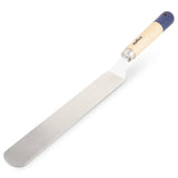 An angled offset spatula with a long, flat stainless steel blade and a wooden handle with a blue tip, designed for spreading icing or frosting on cakes.