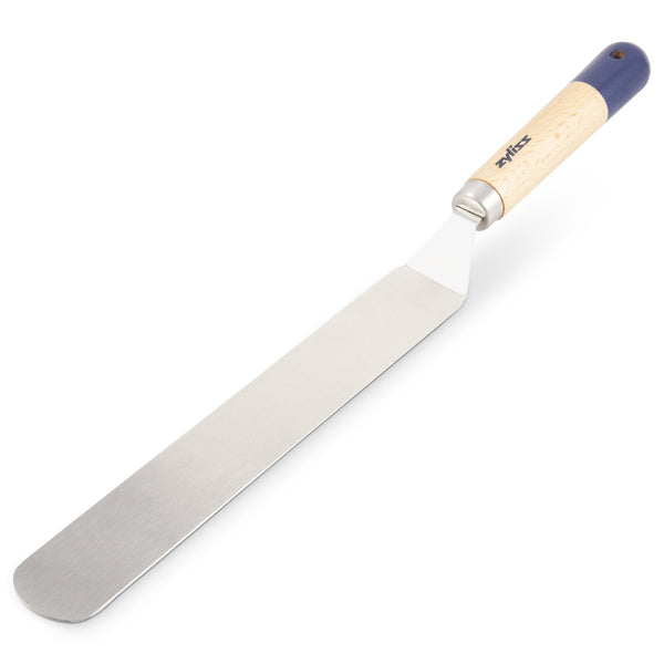An angled offset spatula with a long, flat stainless steel blade and a wooden handle with a blue tip, designed for spreading icing or frosting on cakes.