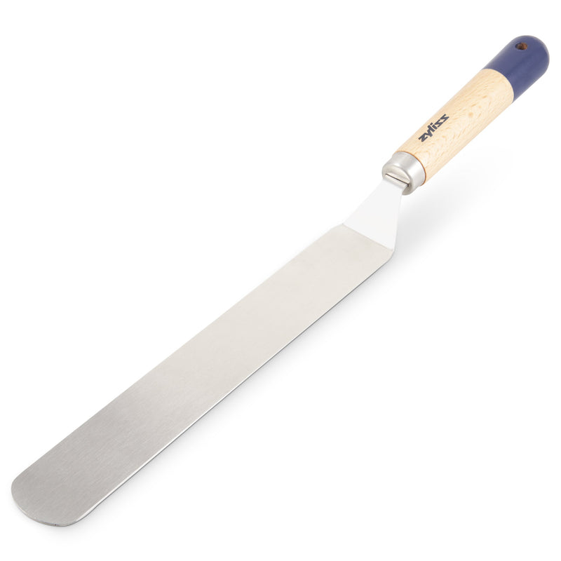 An angled offset spatula with a long, flat stainless steel blade and a wooden handle with a blue tip, designed for spreading icing or frosting on cakes.