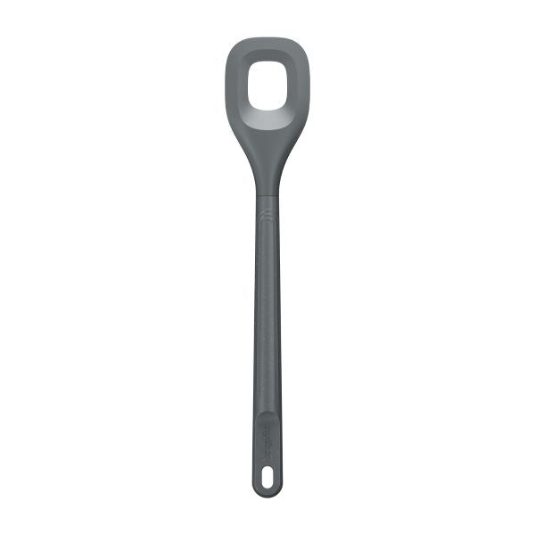 A gray plastic cooking spoon with a long handle and a large square hole in the center of the spoon head, shown against a white background.