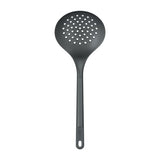 A black slotted spoon with a round, perforated head and a long handle, designed for straining or lifting food from liquids, placed on a white background.