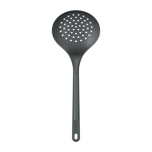 A black slotted spoon with a round, perforated head and a long handle, designed for straining or lifting food from liquids, placed on a white background.