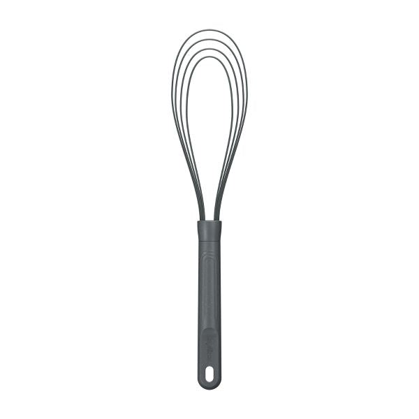 A black silicone kitchen whisk with a looped design and a straight handle, featuring a small hole at the end for hanging, set against a white background.