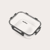 #1.05L/1.1qt 
A rectangular clear Zyliss Glass Container for meal prep features a transparent lid with four black locking clips, Zyliss printed in black on the lid, all shown against a plain light background. 