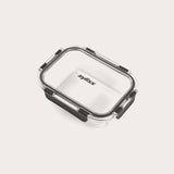 A rectangular glass container branded Zyliss features a clear base, transparent lid, and black locking clips on each side for a secure seal. #0.64L/0.67qt