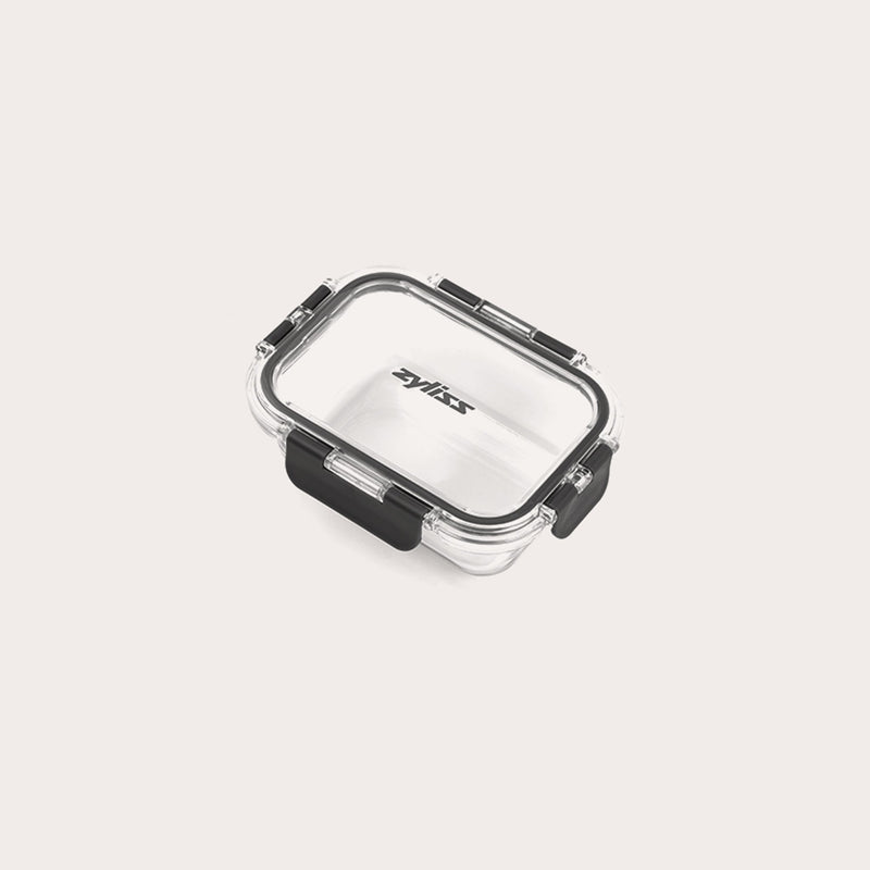 A small, clear rectangular Zyliss Glass Container with a black latch on the front and sides ensures a secure seal. The lid is printed with Zyliss. Shown empty against a white background, its perfect for meal prep. #0.37L/0.39qt