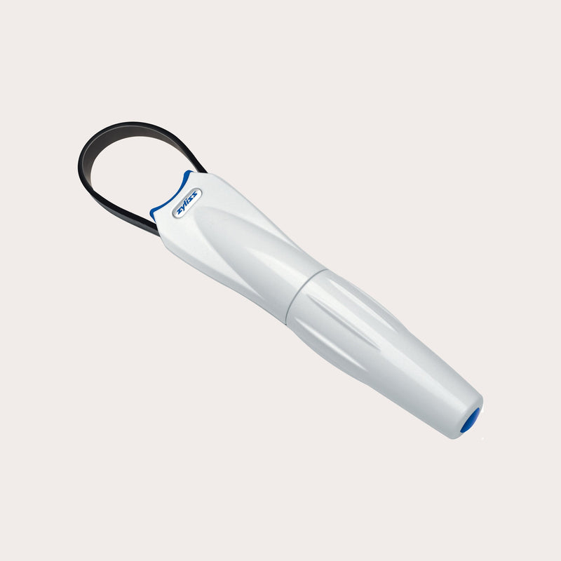 The Zyliss StrongBoy 2 Jar Opener is a white handheld jar opener with a black loop handle, blue accents, and an adjustable grip for easy use, displayed against a plain light background.